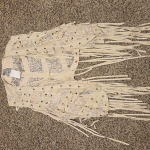 Vocal Cream Lace And Faux Suede Vest with Fringe and Lace Details